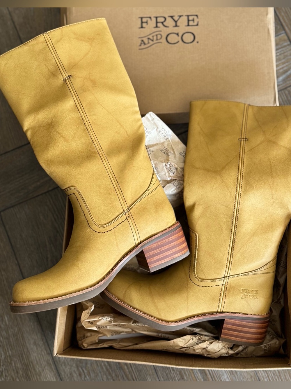 FRYE AND CO. Mustard Yellow Leather Mid-Calf Heeled Boots
